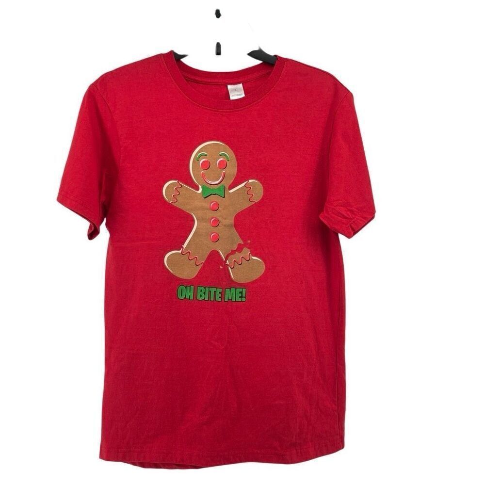 Oh Bite Me Gingerbread Christmas Women’s Red Graphic T-Shirt Medium